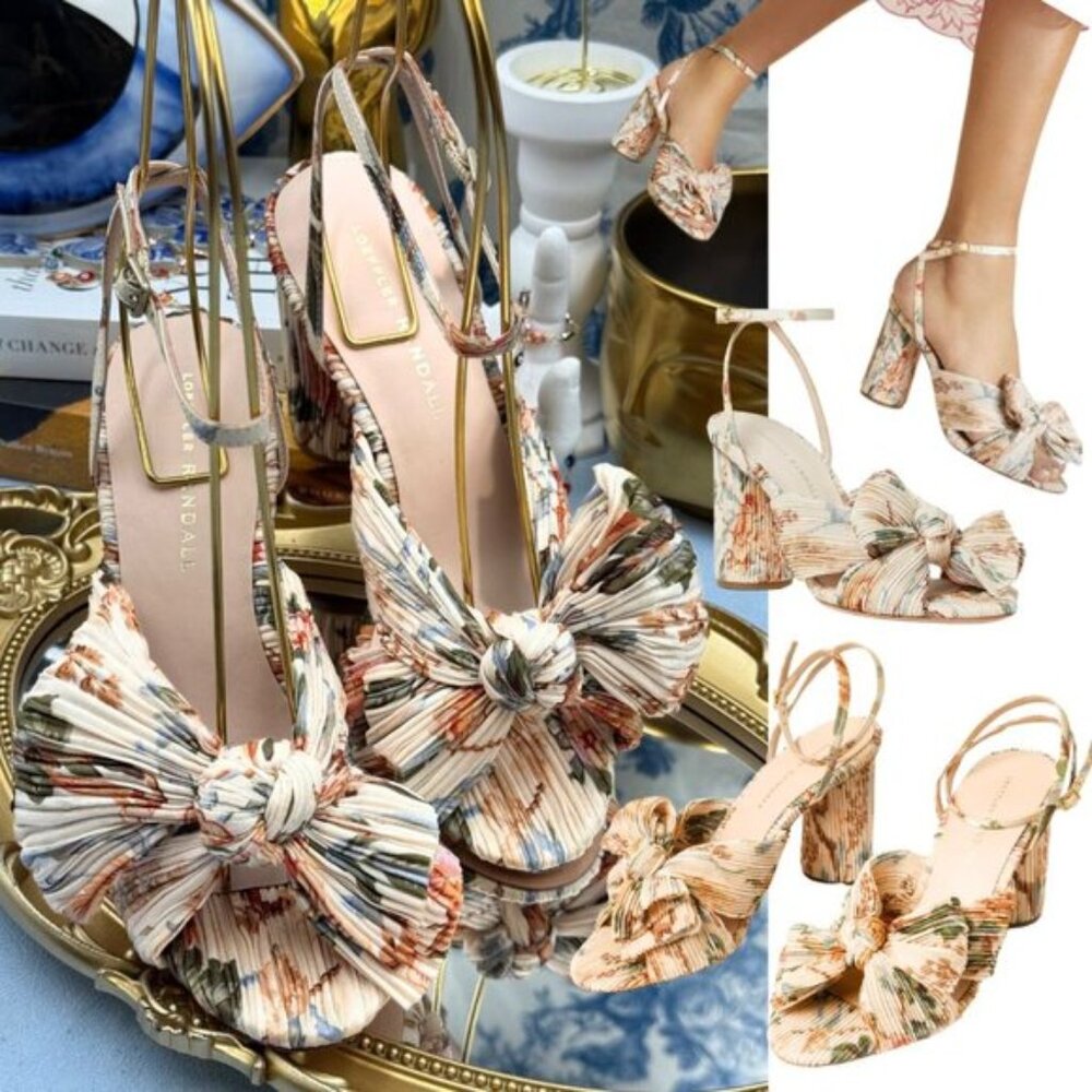 🆕 LOEFFLER RANDALL 🧿 NWOB Camellia Pleated Bow Heel Cream Botanical Floral, 7
